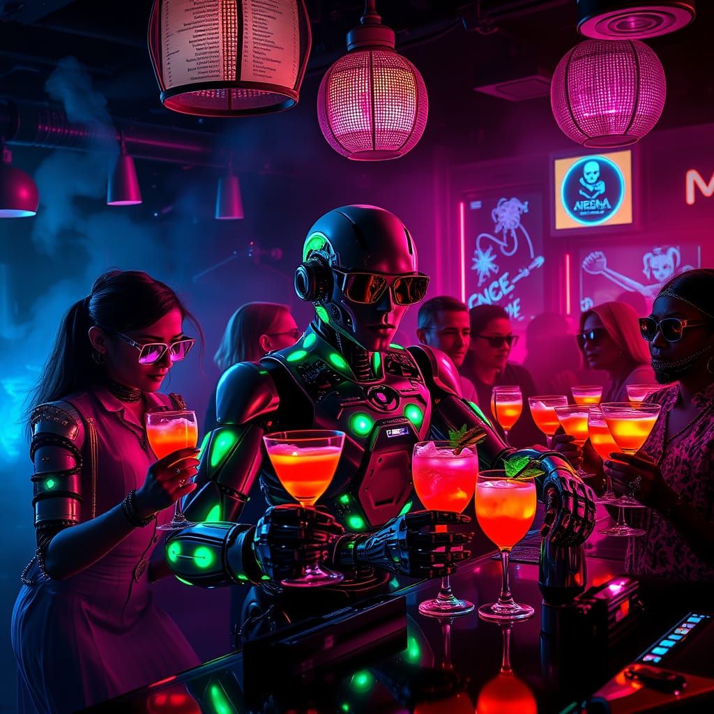 Cyberpunk Bar Scene in Vibrant Neon Lights