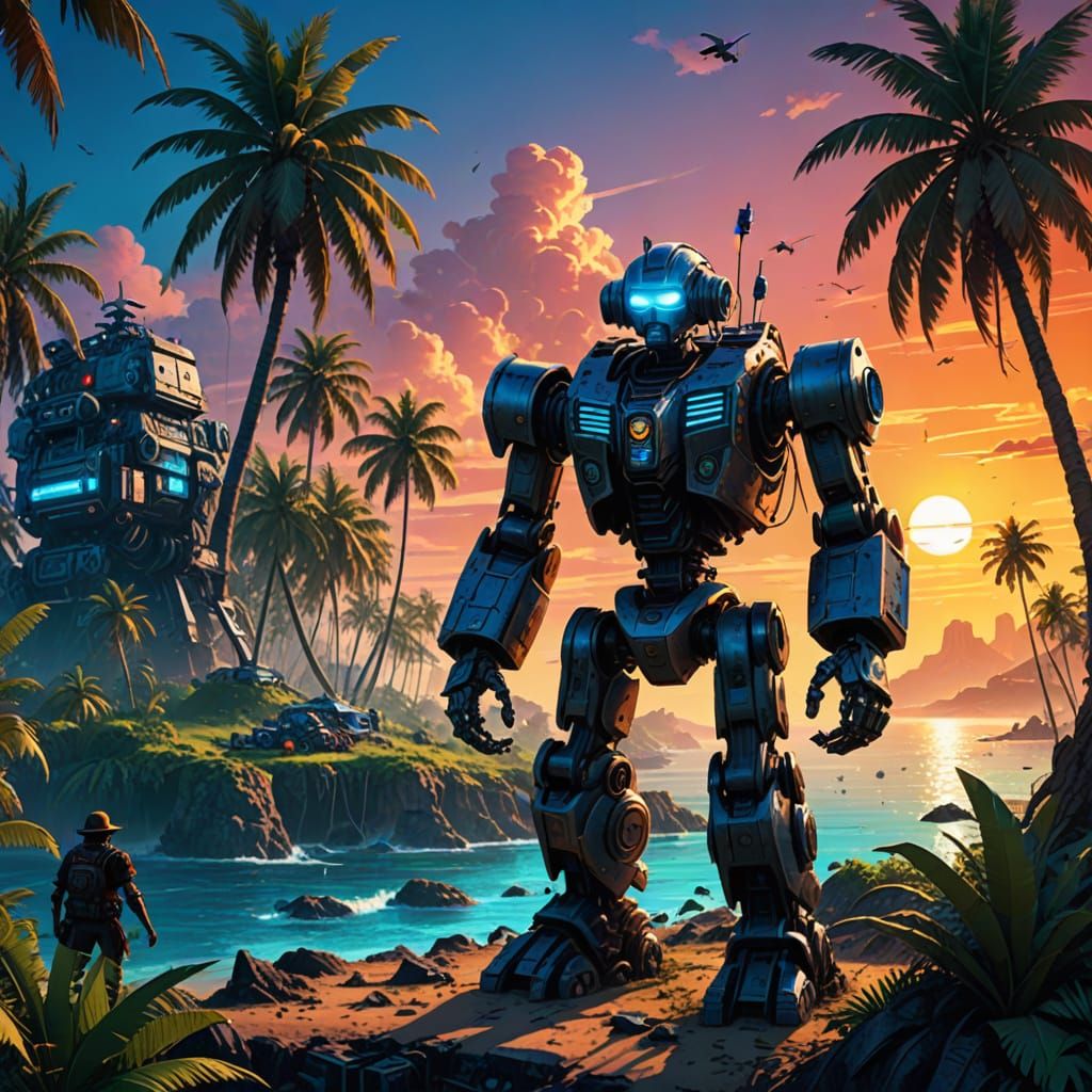 Robot Pirates Enjoy Island Sunset in Digital Art
