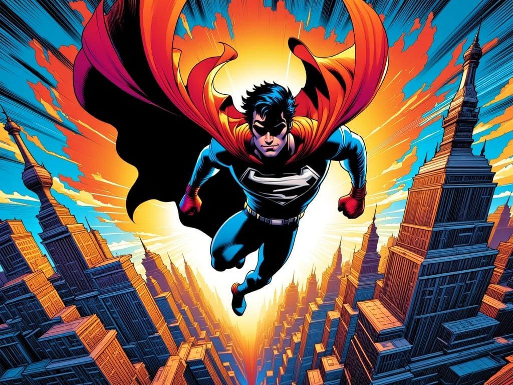 Superhero Soaring Through Cityscape in Comic Book Style