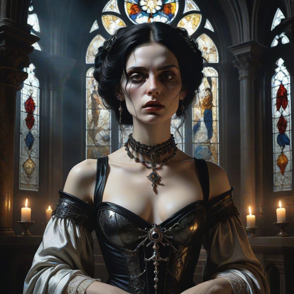 Baroque Goth Woman in Tenebrism Cathedral Scene
