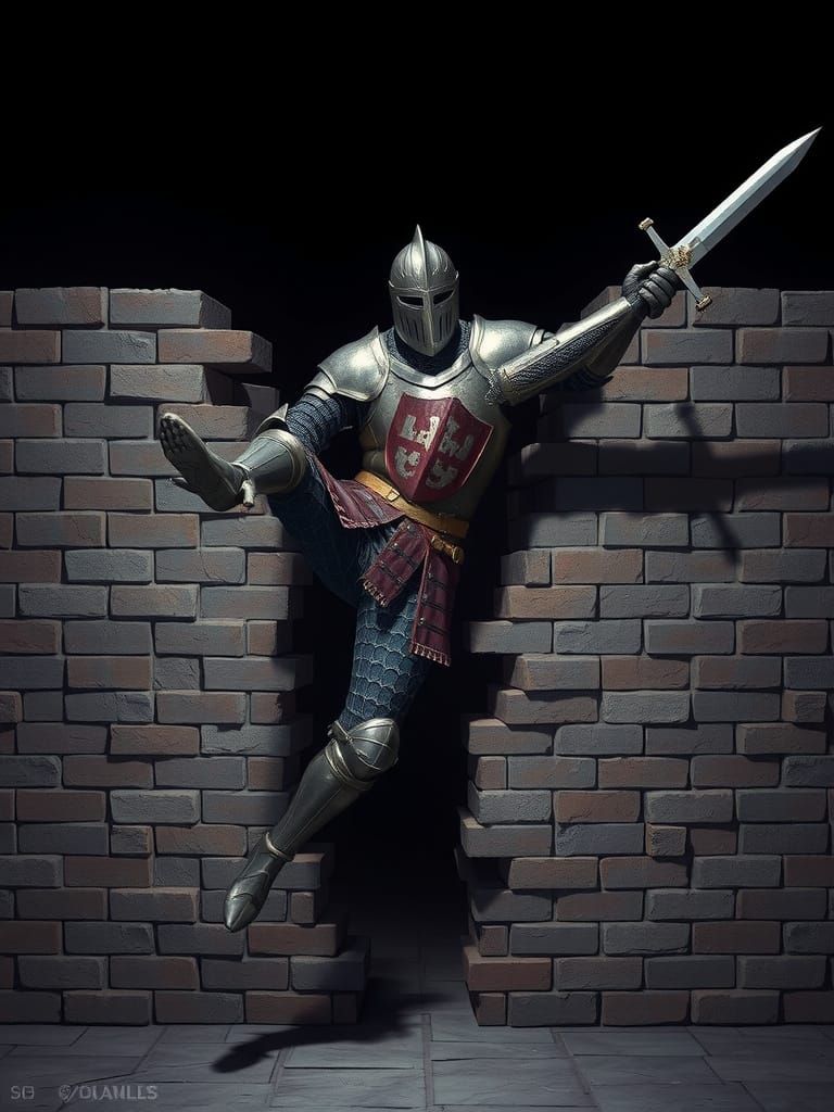 Knight Glitched Into Brick Wall, Surreal Digital Art