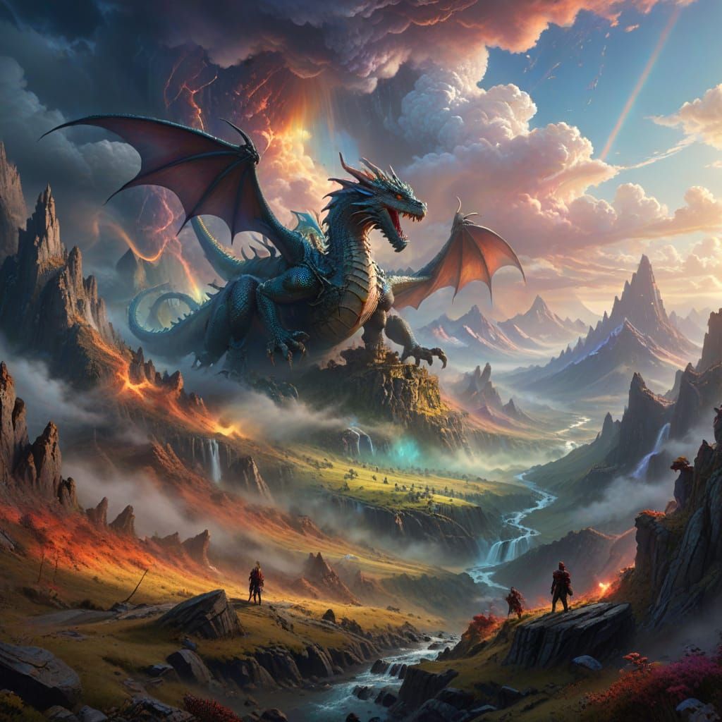 Epic Fantasy Landscape with Rainbow Clouds and Dragons
