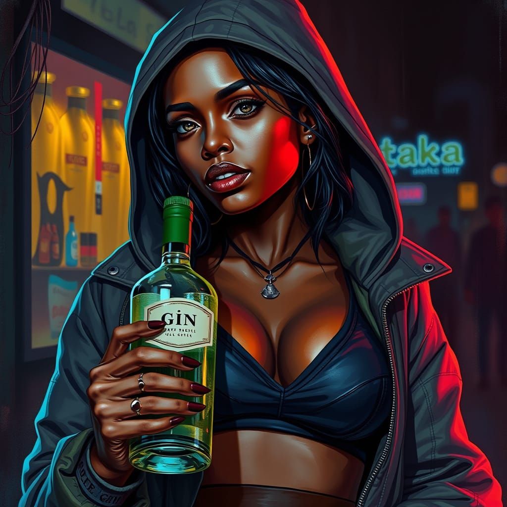 Hyperrealistic Woman with Gin, Dramatic Lighting