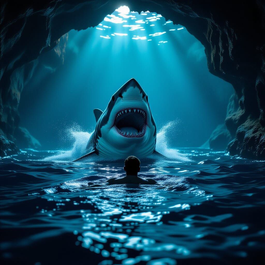 Shark Attack in Dim Sea Cave - Cinematic Film Still