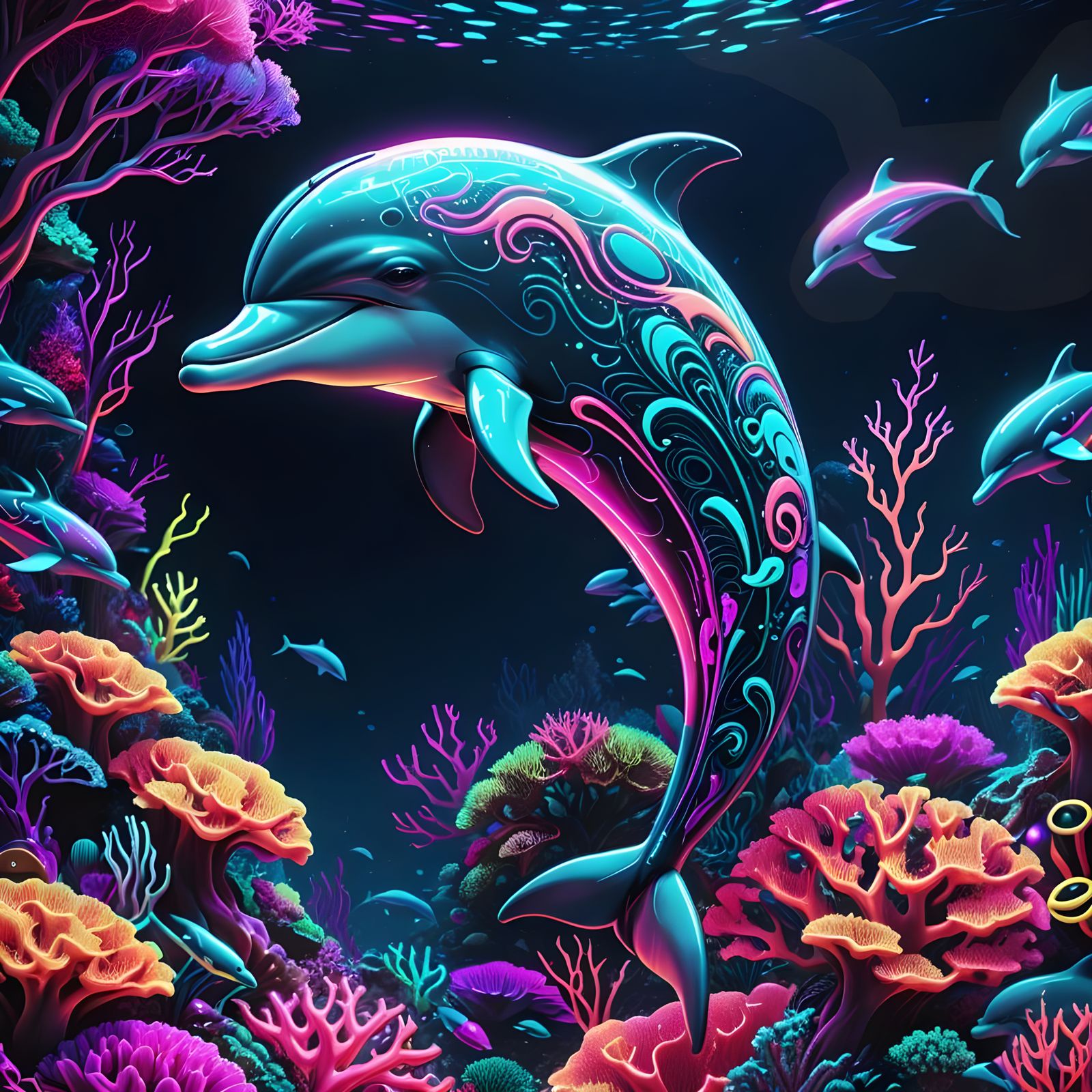 Neon Dolphin Swimming in Cyberpunk Coral Reef