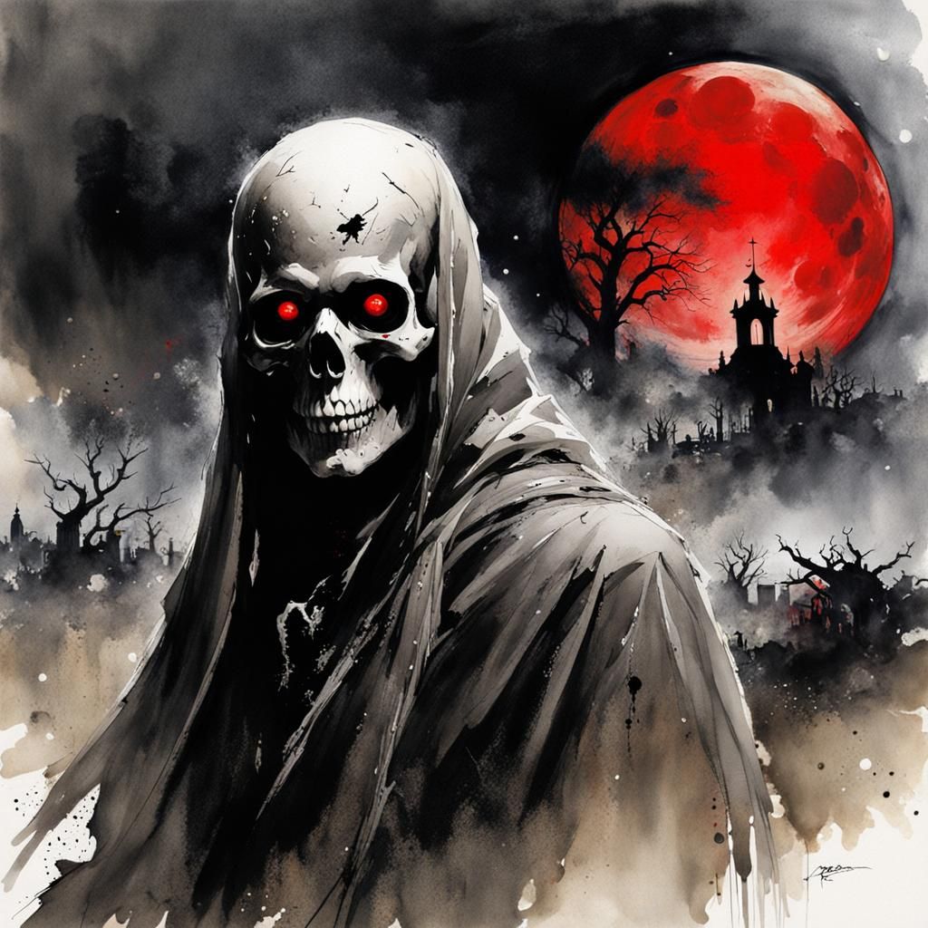 Eerie Haunted Village with Skull Moon, in Watercolor Style