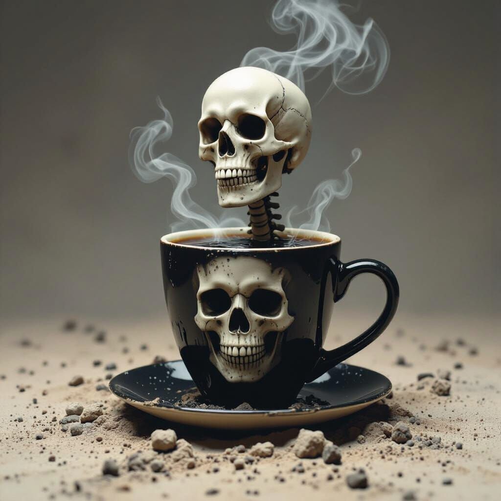 Surreal Skeleton Coffee Cup Head Erupts from Ground