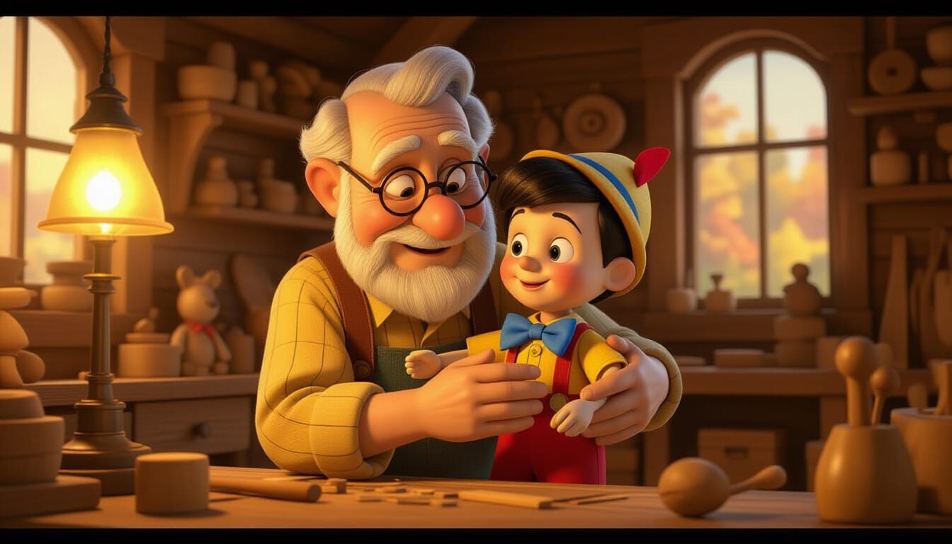 Geppetto and Pinocchio in Disney Animation Style