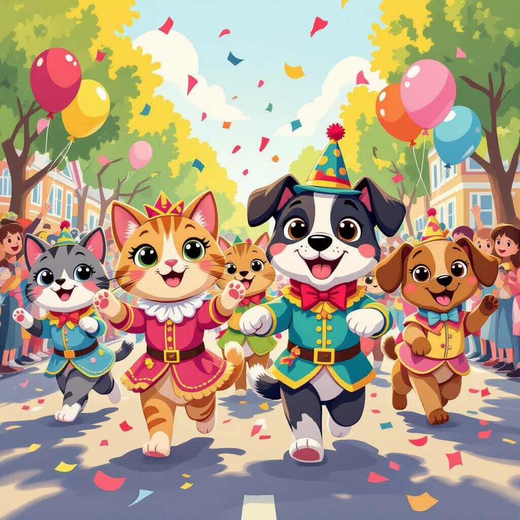 Whimsical Parade of Cats and Dogs