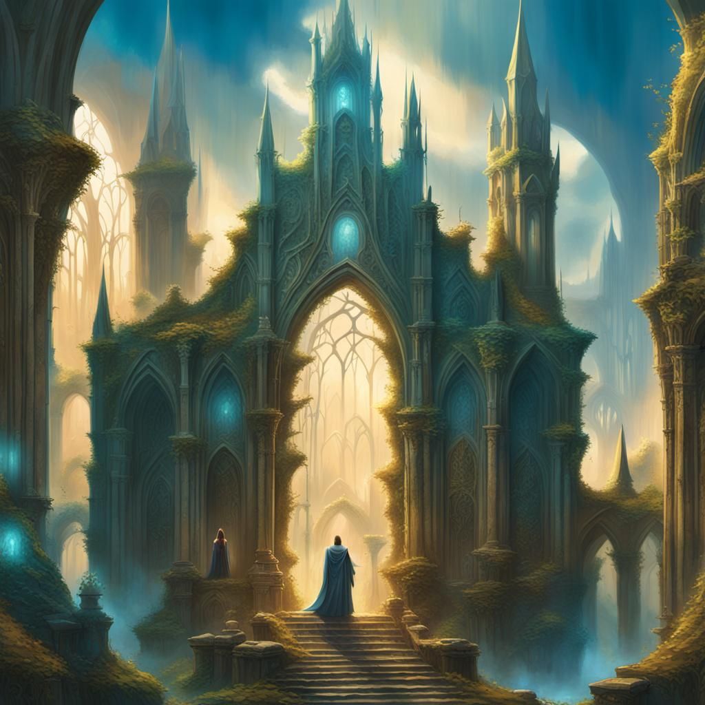 Mystical Ruins with Figure in Dreamlike Fantasy Art