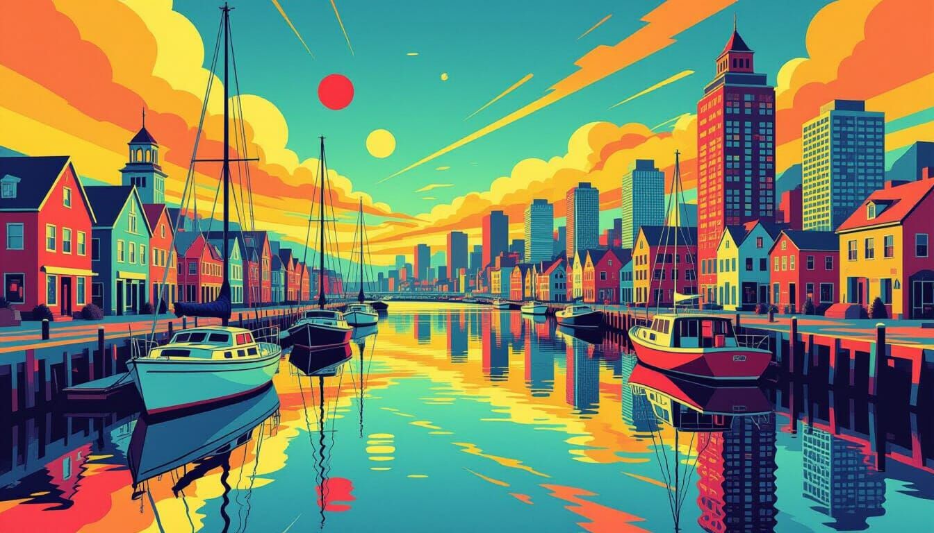 Abstract Harbor Scene in Pop Art Style