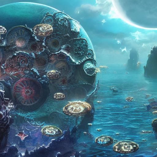 Surreal Landscape: Silver Circles, Moon, and Pearls