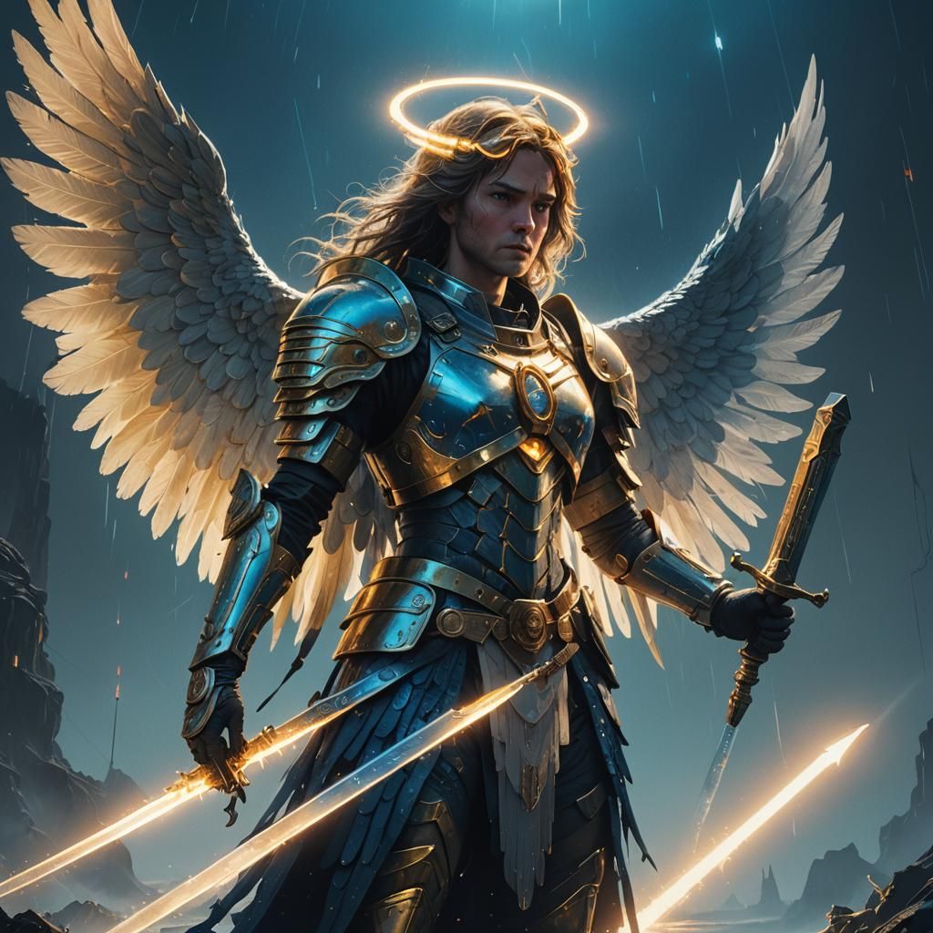 Glowing Angel with Sword in Celestial Realm