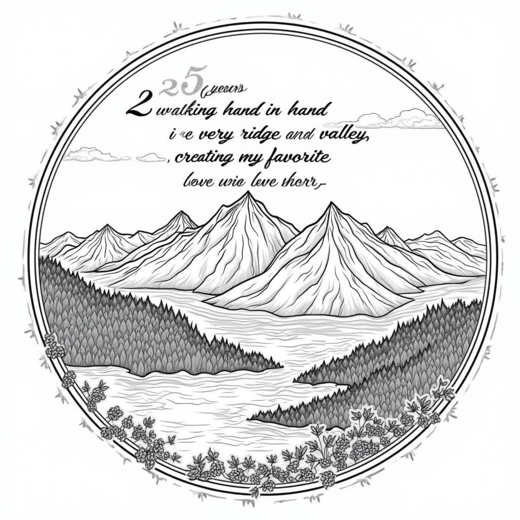 Mountain Landscape in Circle Frame: Coloring Book Illustrati...