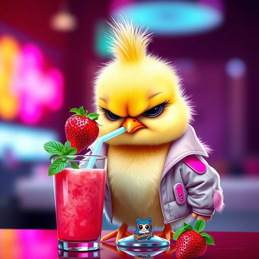 Grumpy Chick Drinks Strawberry Smoothie: Digital Art