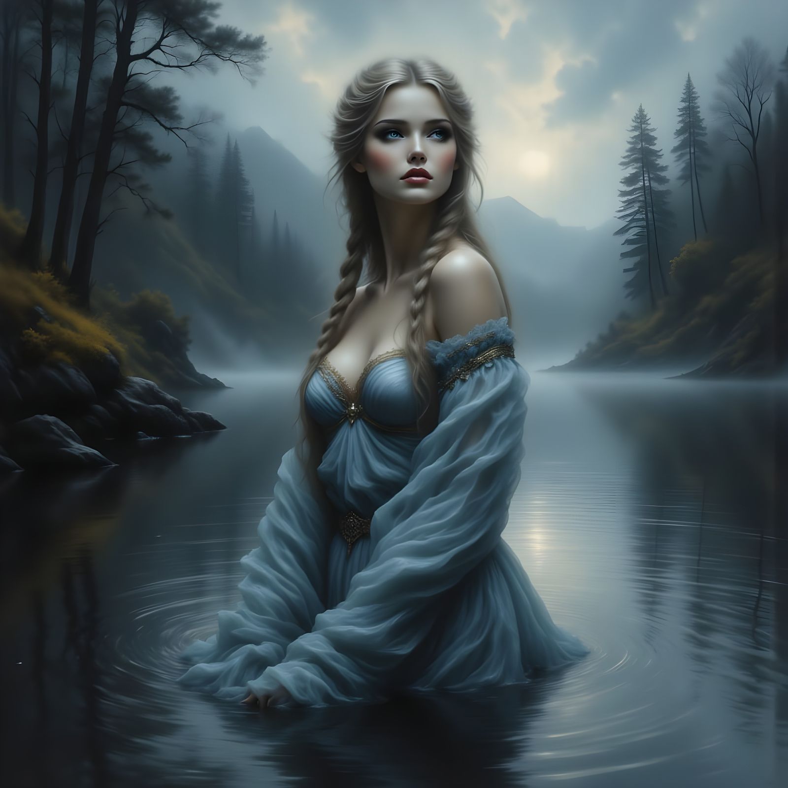 Norse Goddess in Misty Lake at Dusk
