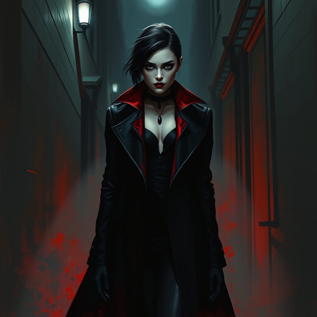 Elegant Vampire Woman in Moody Alleyway