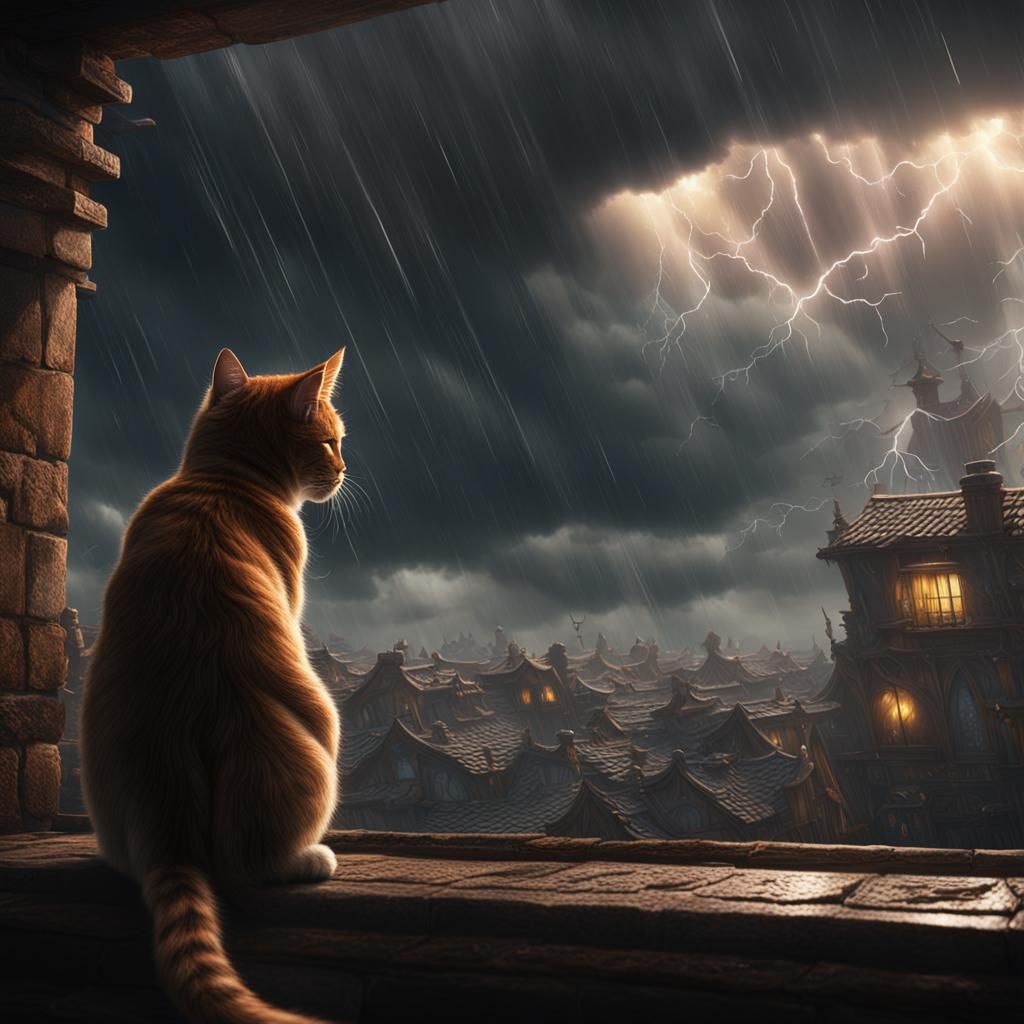 Cat Observes Storm in Detailed Matte Painting