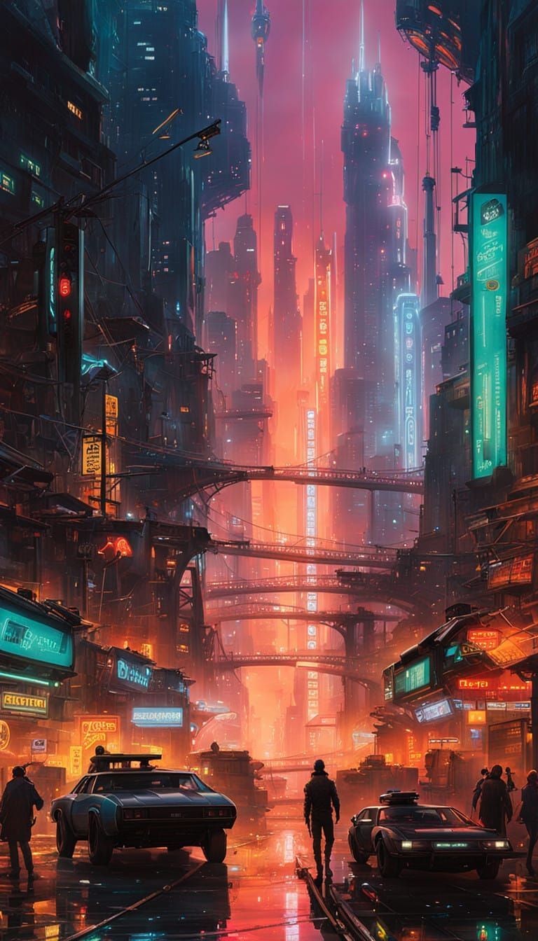Neon-Lit Futuristic Metropolis Under Cyberpunk Skies