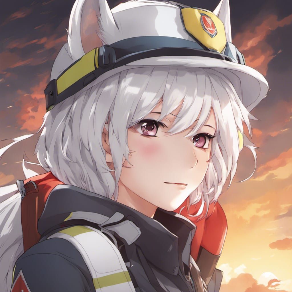Anime Firefighter Girl with Wolf Ears
