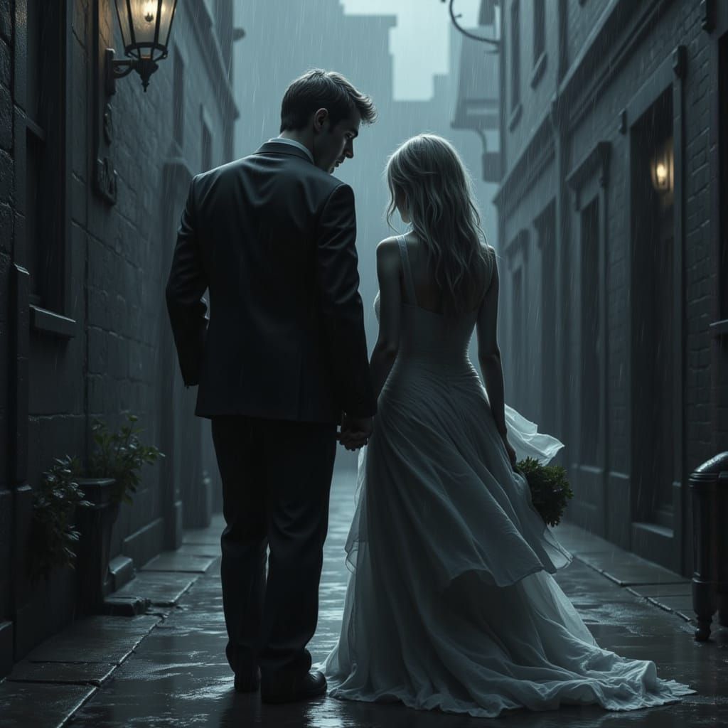 Dystopian Man Leaves Woman Amidst Rainy Thunderstorm