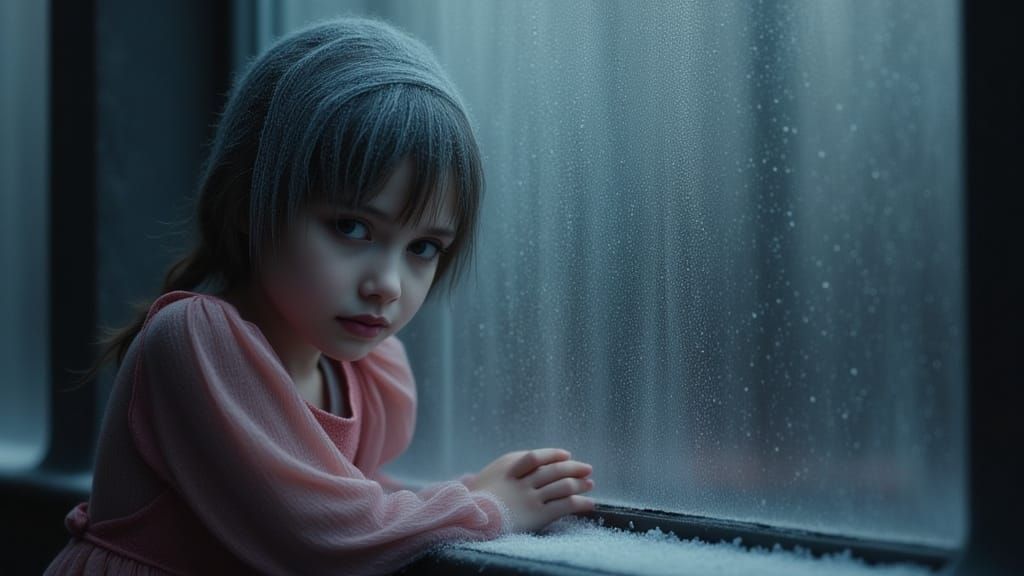 Girl Cries at Frosted Window, Krampus Reflection