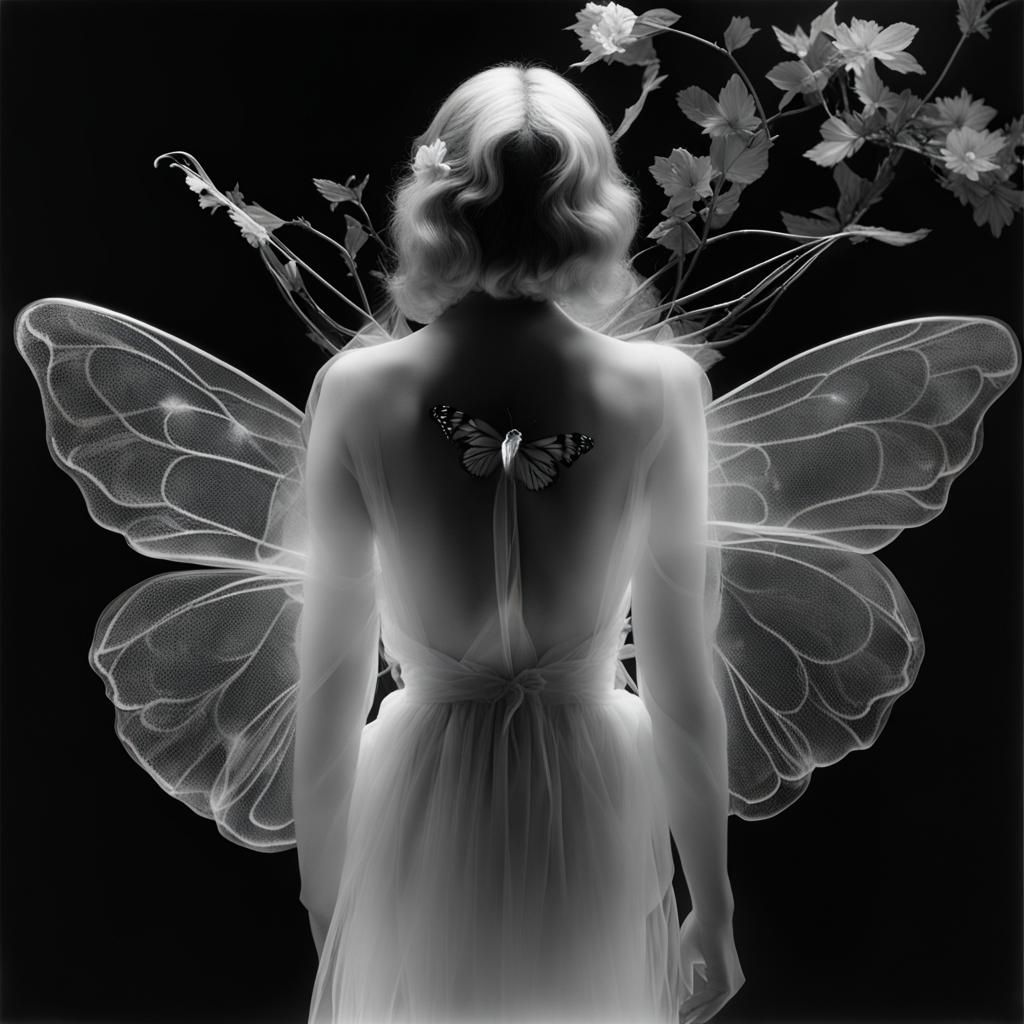 Surprise me Photogram of a rainbow multicoloered flower fairy with butterfly wings by Mann Ray, Photogram, flowers in...