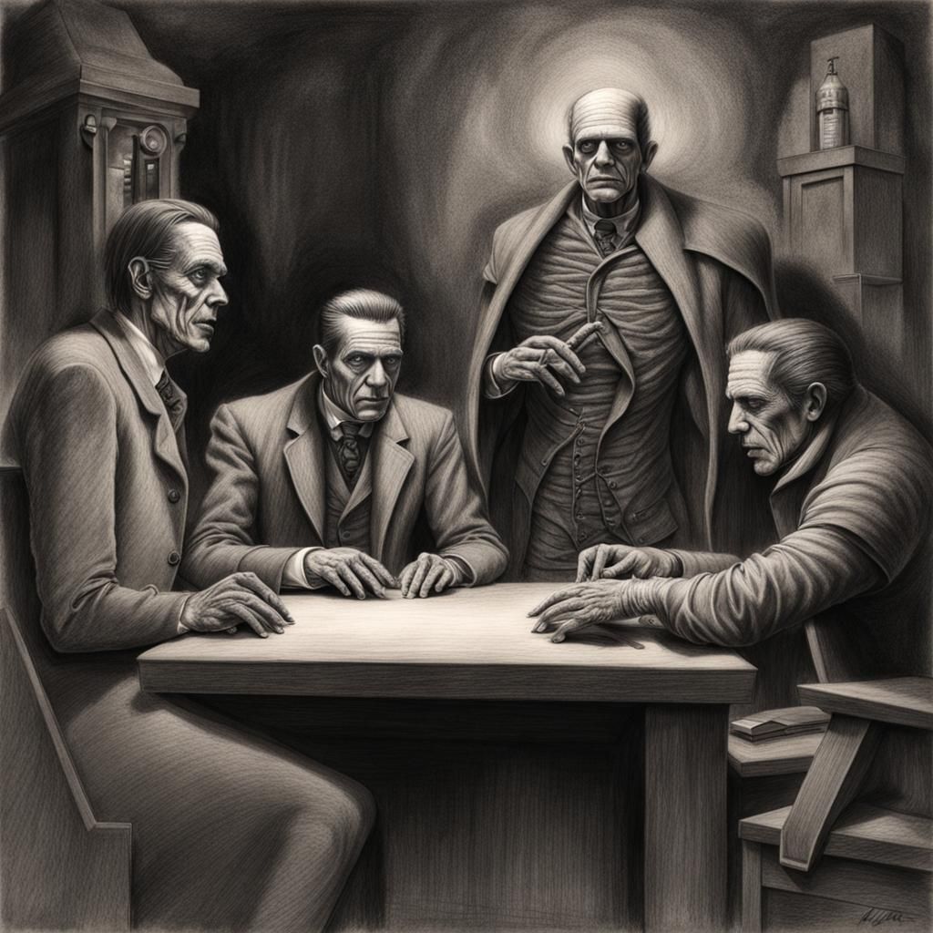 Classic Monsters Meeting in Charcoal Drawing