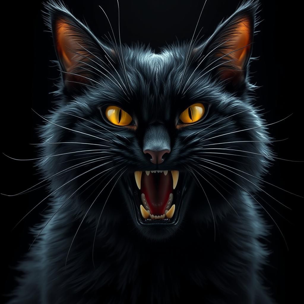 Eerie Black Cat Hissing in Dark Fantasy Style