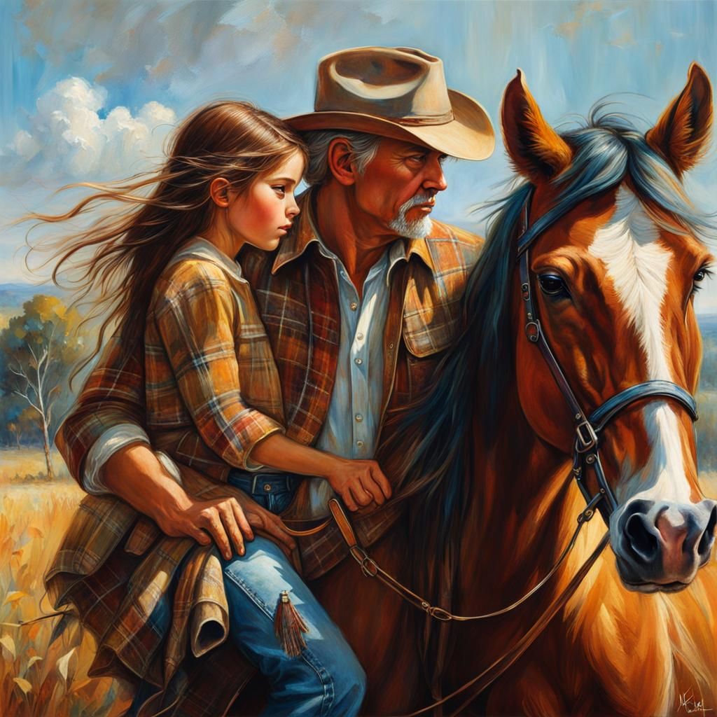 Girl on Pony with Grandfather: Detailed Cinematic Art