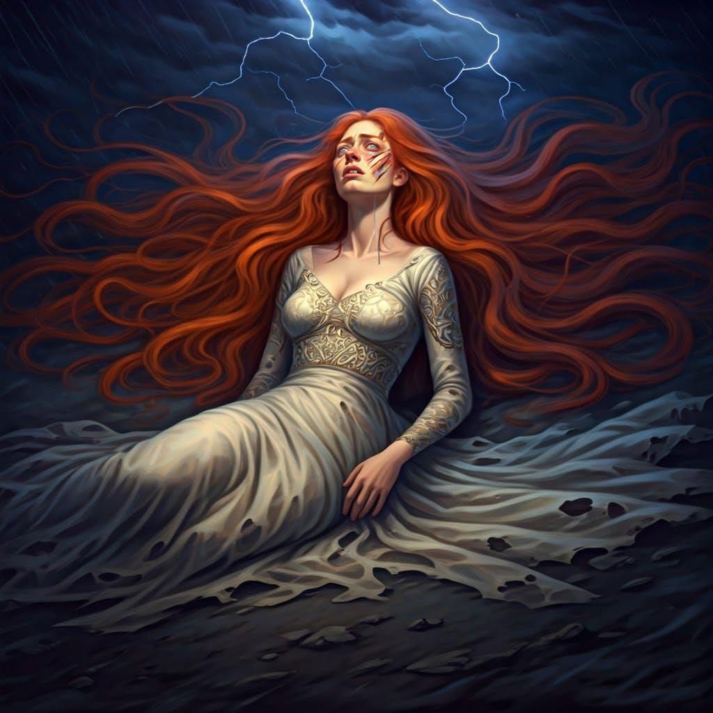 Crying Redhead Under Stormy Sky, Inspired by Ukiyo-e