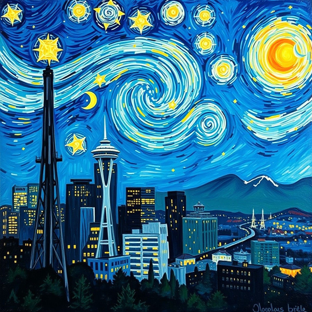 Seattle Skyline in Starry Night Style
