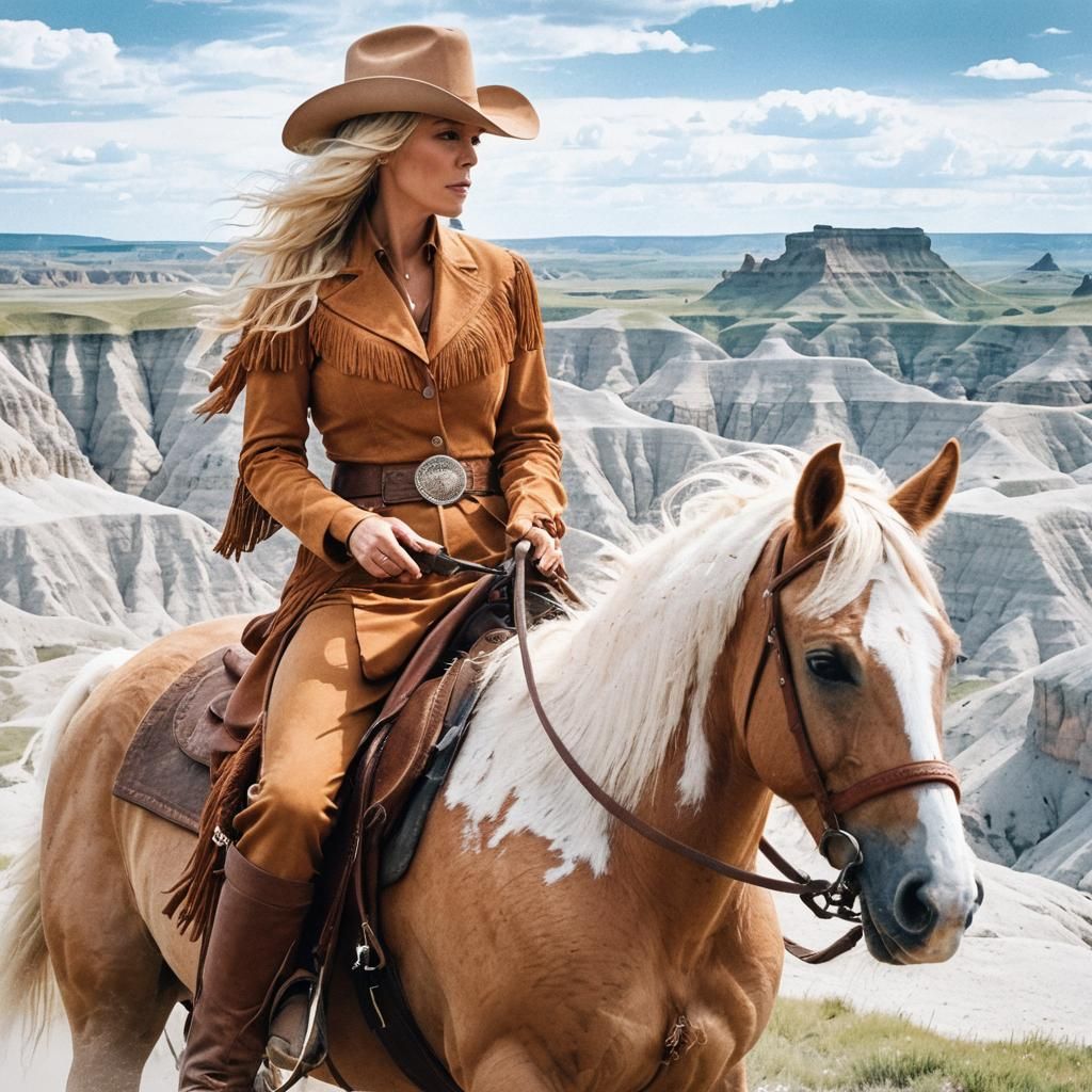 Cowgirl Rides in the Badlands: Cinematic Film Still