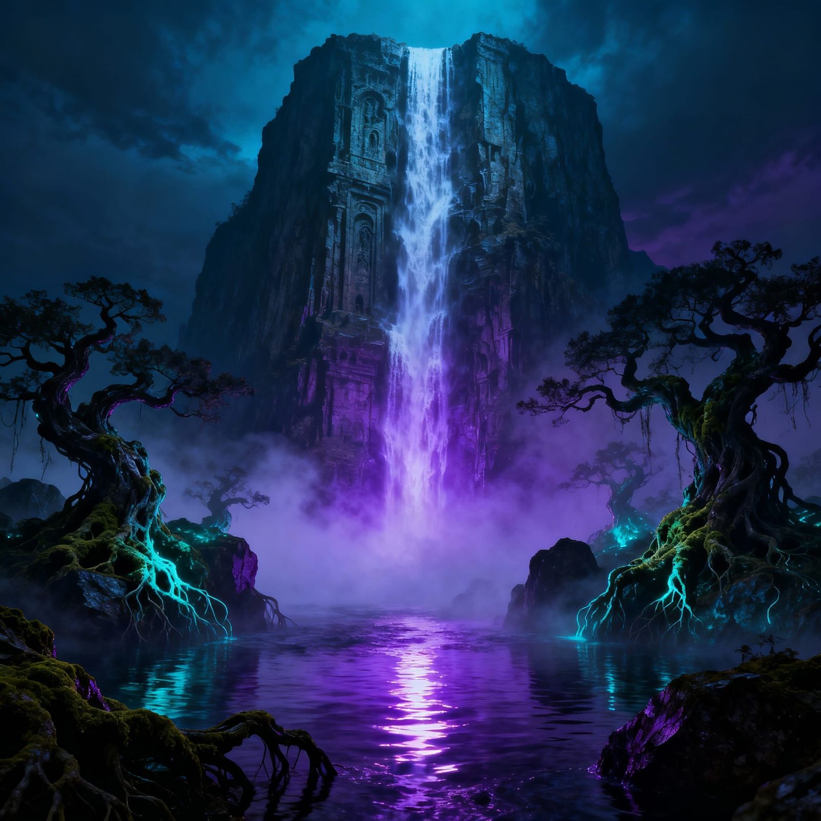 Ancient Waterfall in Twilight with Bioluminescent Trees