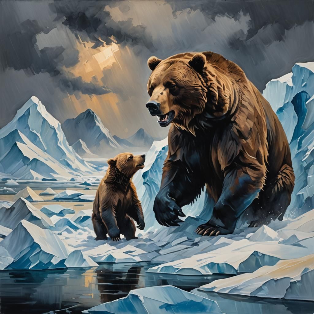 Bear and Iceberg Clash: Impressionist Gouache Painting