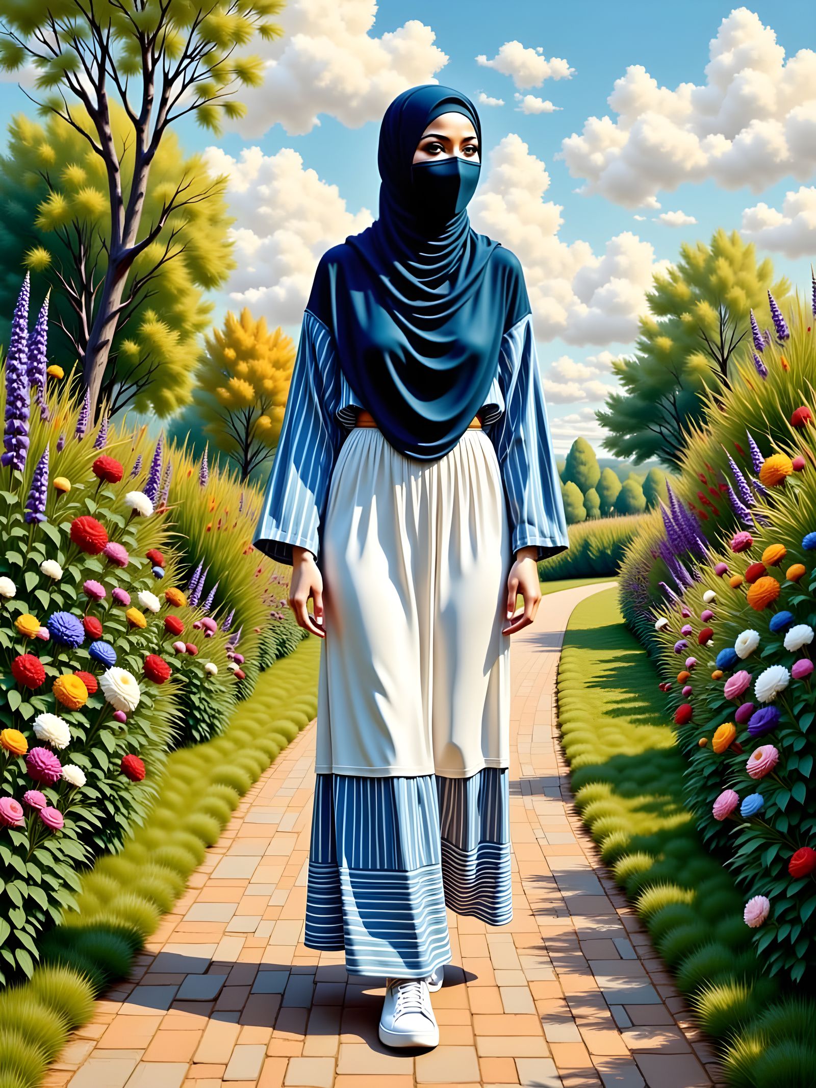 Hijabi Woman in English Landscape as Ornate Painting