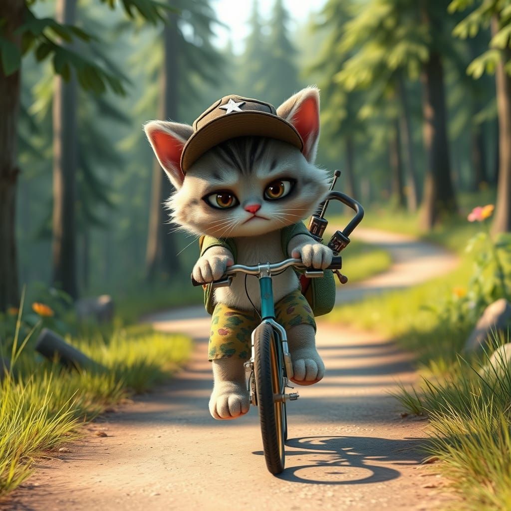 Grumpy Kitten Cycles Through Forest in Pixar Style