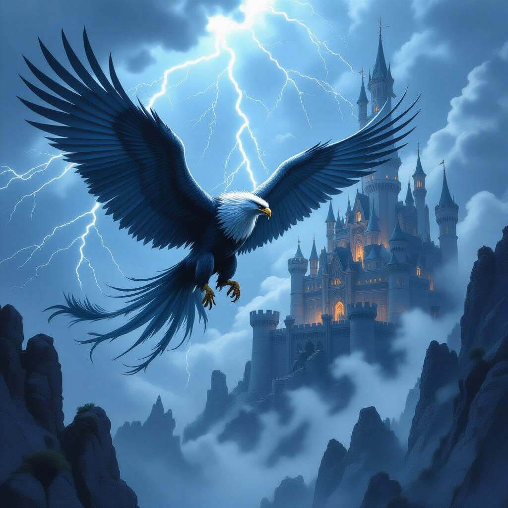 Griffin Soaring Through Stormy Sky Toward Castle