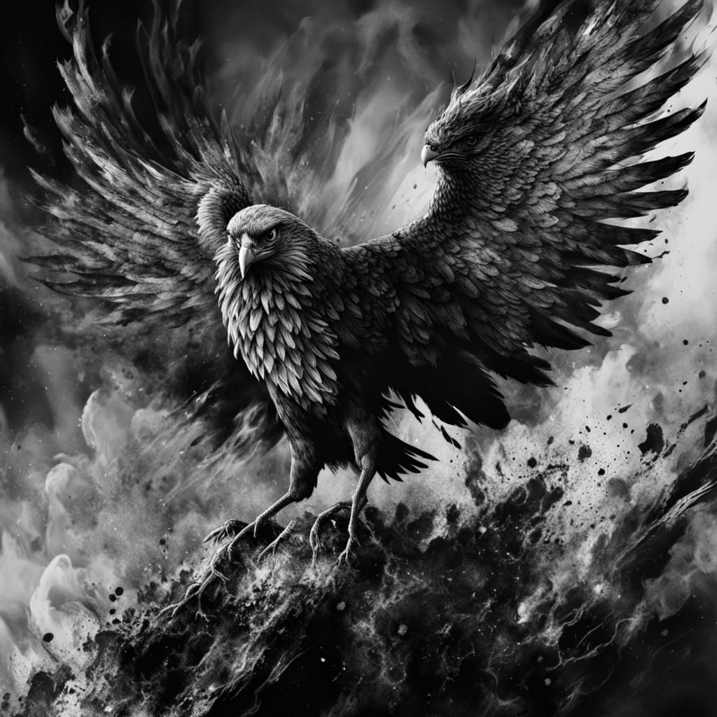 Greyscale Phoenix Rises from Ashes in Trash Polka Style