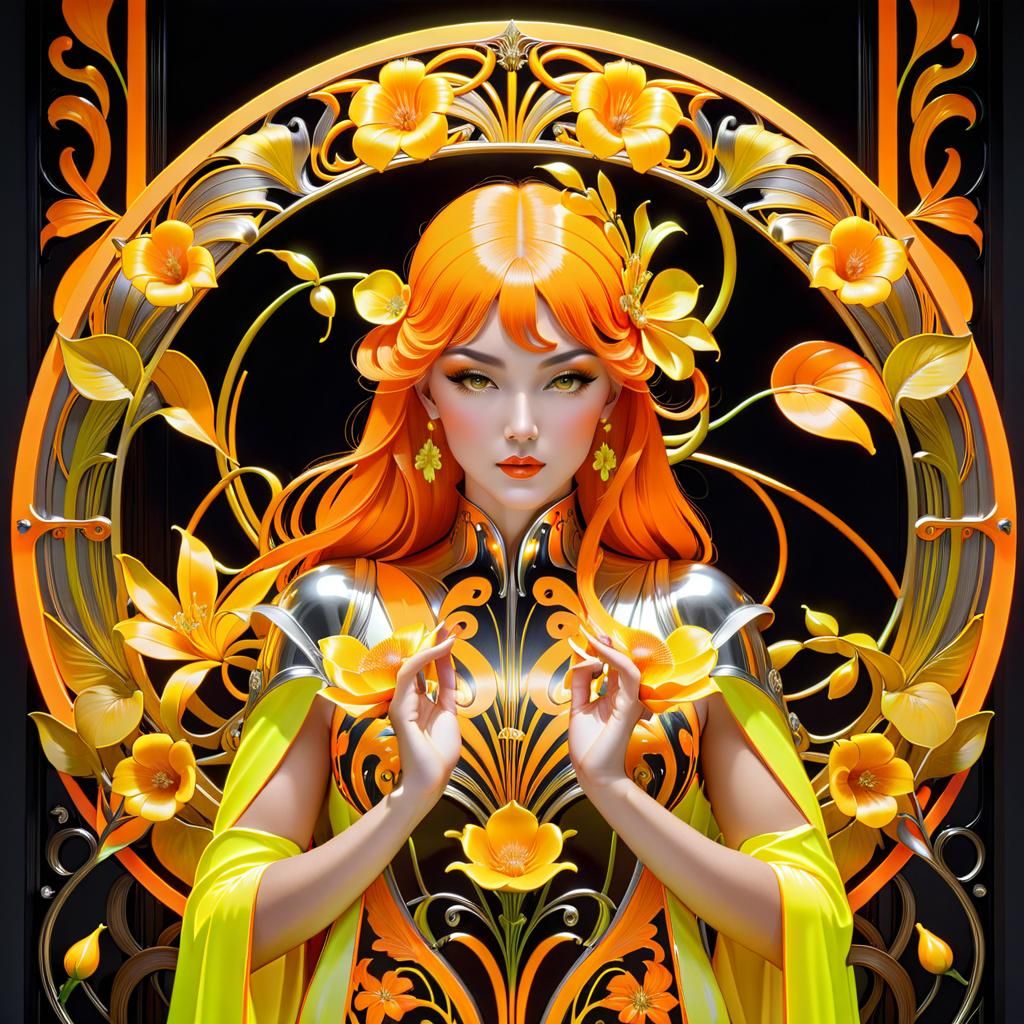 Neon Art Nouveau Botanical Tableau in Orange and Yellow