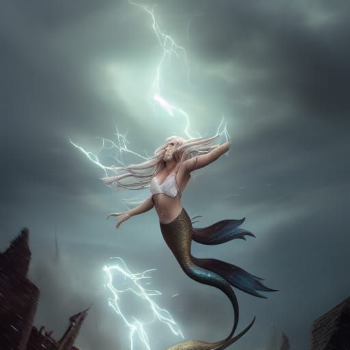 Electric Mermaid Shoots Lightning in Stormy Sky