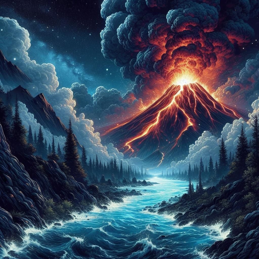 Volcanic Eruption at Night: Digital Comic Book Art