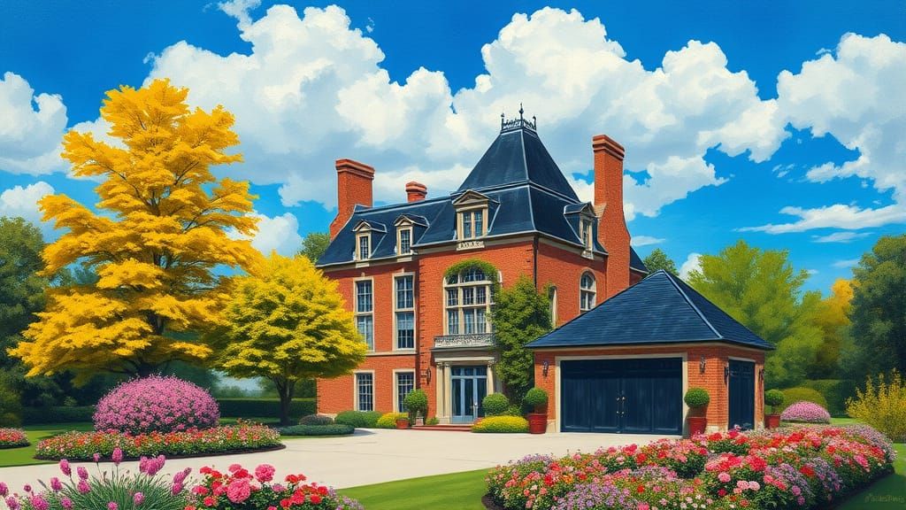 Elegant Chateau Surrounded by Vibrant Trees and Flowers
