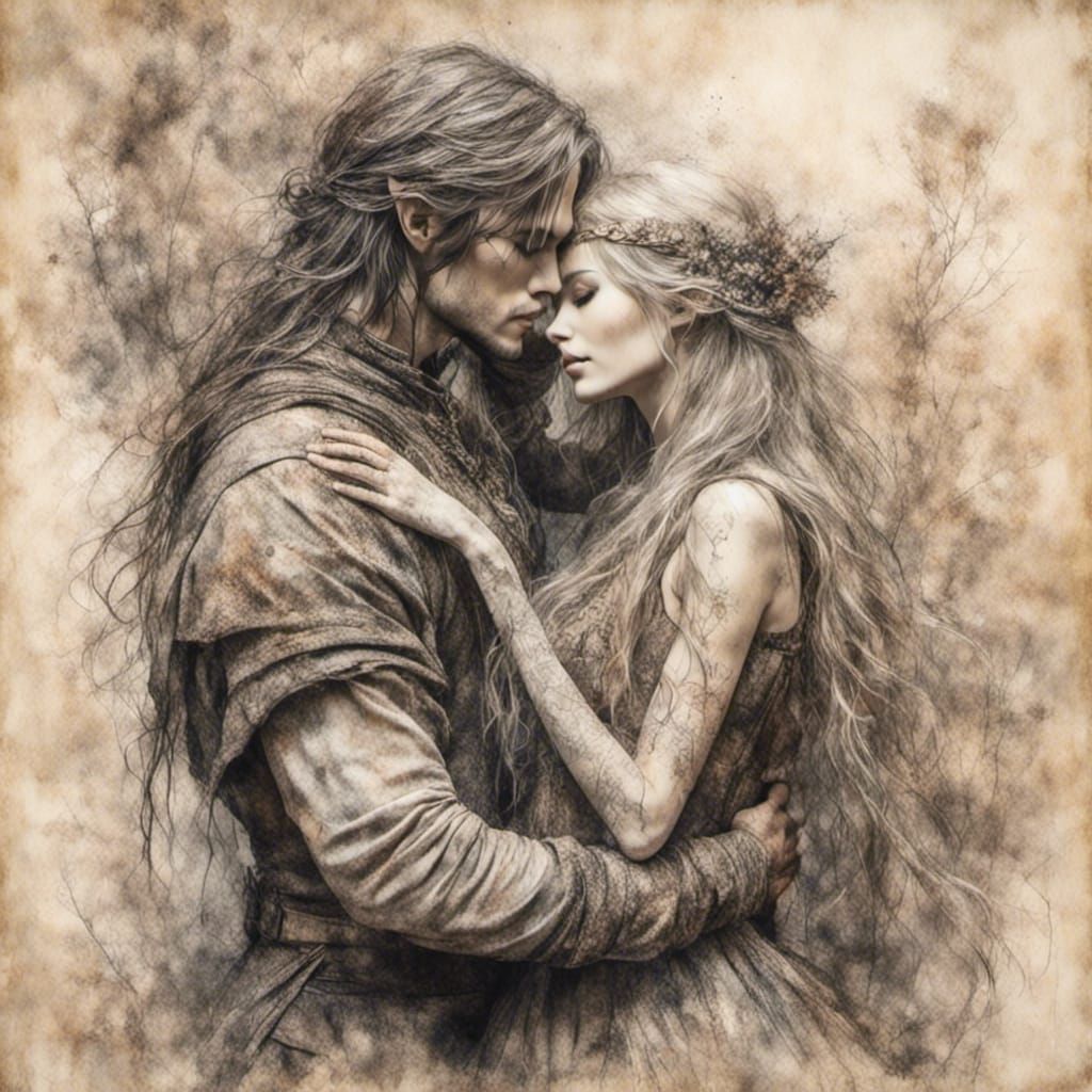 Elven Lovers Embrace: A Delicate Pencil Sketch