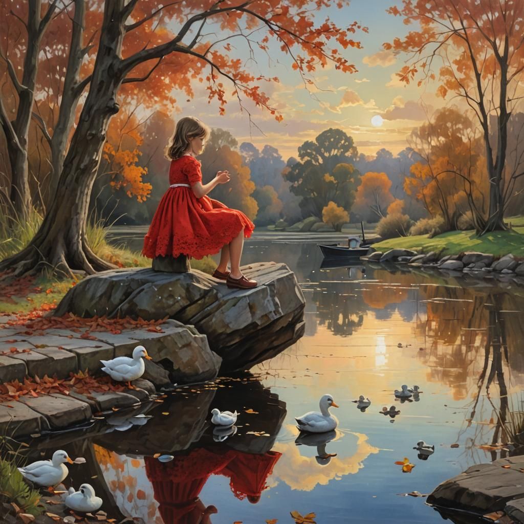 Autumn Reflection: Girl, Ducks, and Oak Tree