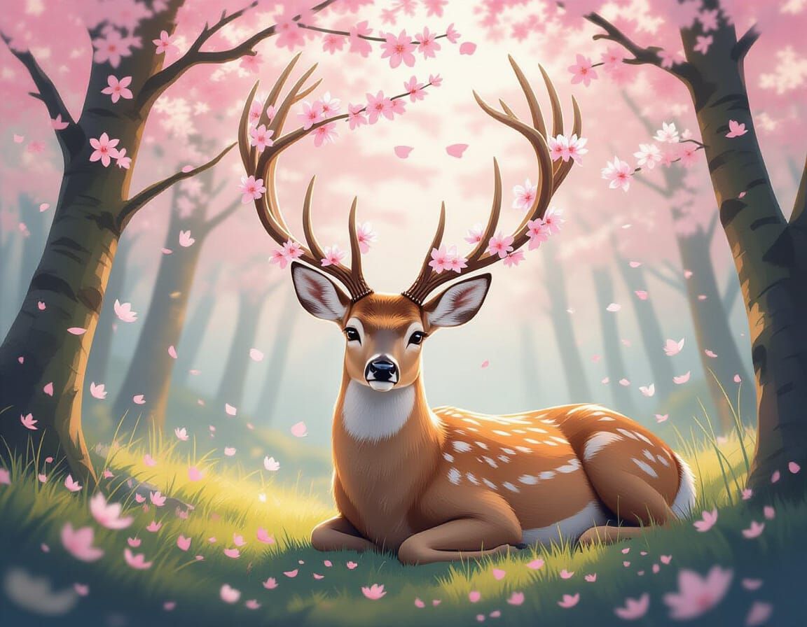 Forest Deer with Cherry Blossoms in Ethereal Style