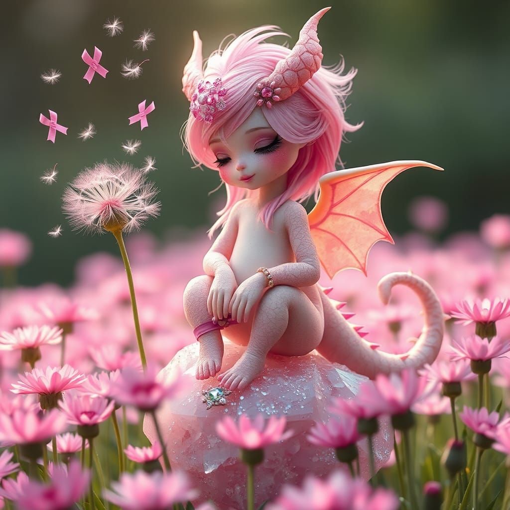 Pink Gothic Dragon-Girl Blowing Dandelion Wish