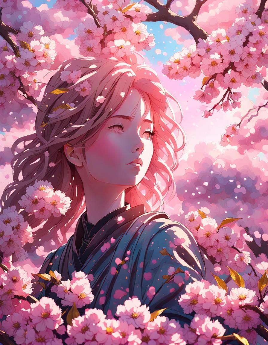 Cherry Blossom Statue Concept Art in Pointillism