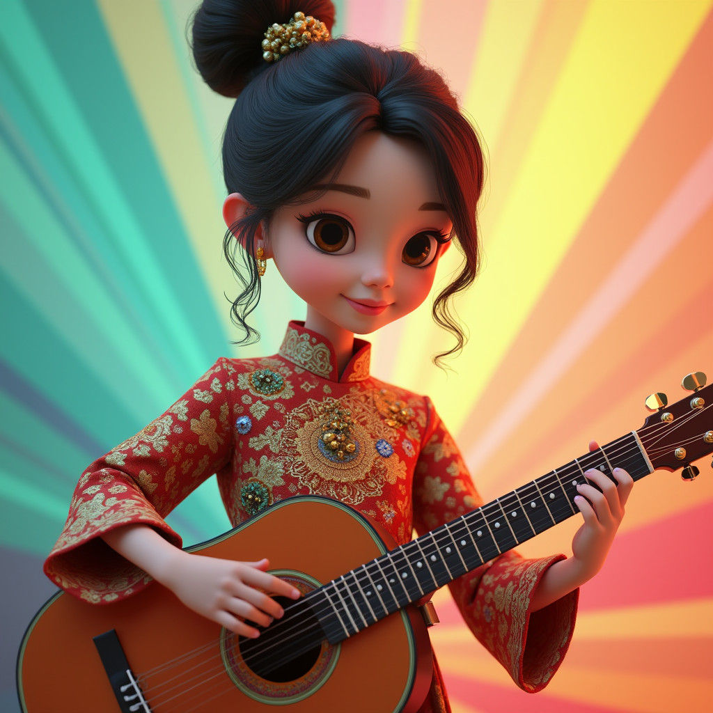 Malaysian Girl Playing Guitar in 3D Digital Art