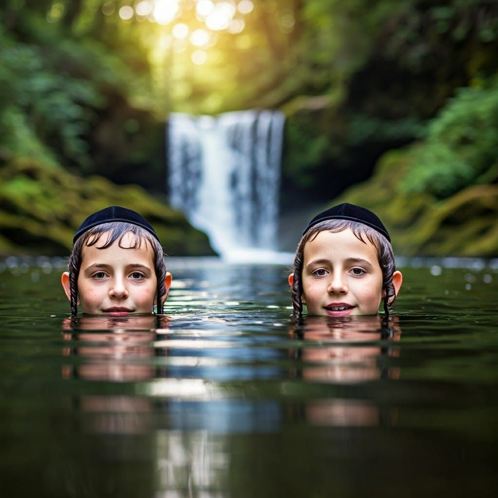 Two Young Hasidic Boys in a Serene Waterfall Scene